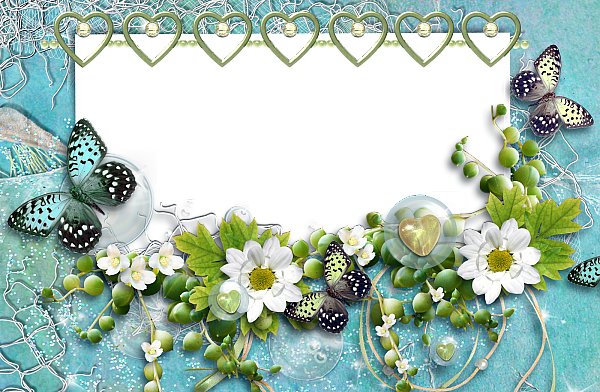 This png image - Aquamarine Transparent Frame with Butterflies Hearts and Flowers, is available for free download