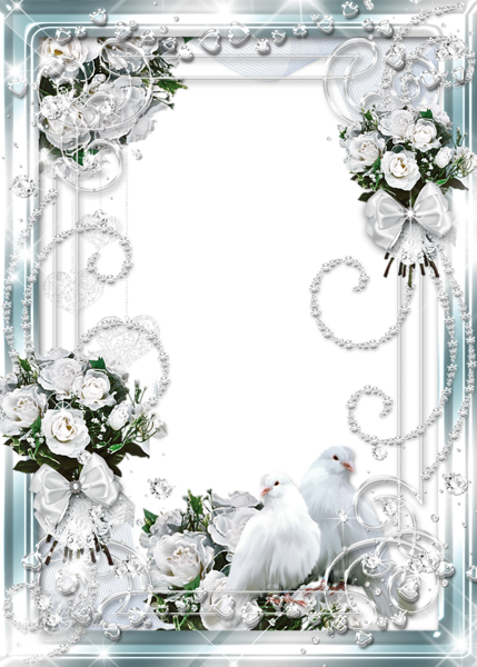 This png image - Beautiful Delicate Wedding Transparent Photo Frame with White Roses and Doves, is available for free download