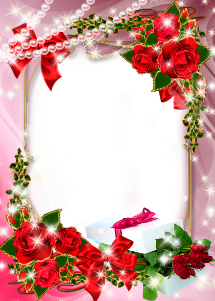 This png image - Beautiful Pink Transparent Photo Frame with Roses and Gift, is available for free download