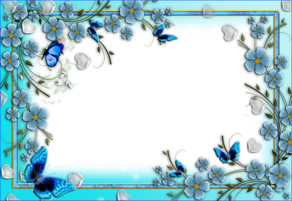 This png image - Blue Flowers Transparent PNG Photo Frame with Hearts and Butterflies, is available for free download