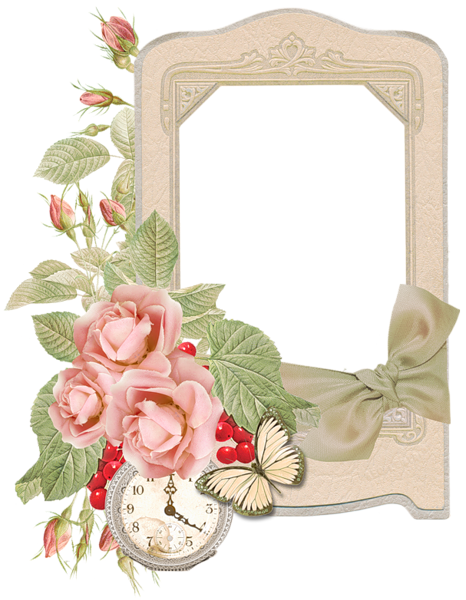 This png image - Cream PNG Frame with Clock and Roses, is available for free download