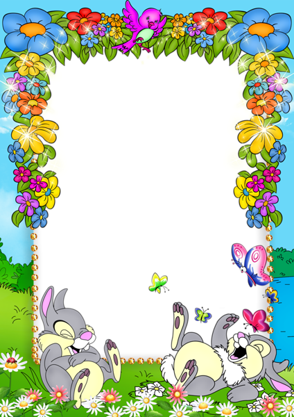 This png image - Cute Blue Kids PNG Photo Frame with Flowers and Bunnies, is available for free download