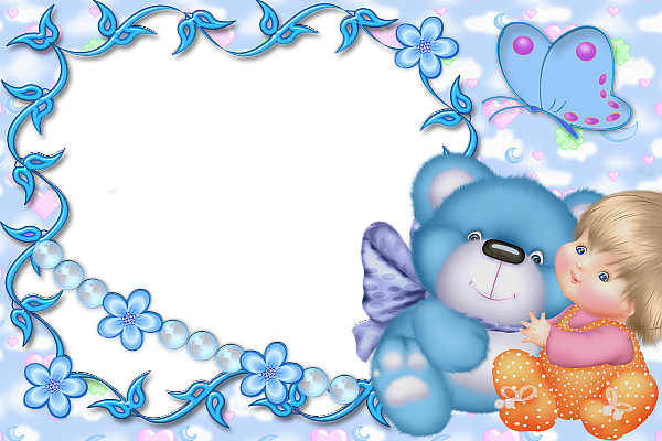 This png image - Cute Kids Blue Transparent Frame with Kid and Teddy Bear, is available for free download