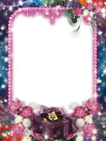 This png image - Dark Blue Transparent Frame with Purple Gift and Flowers, is available for free download