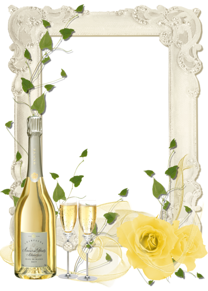This png image - Delicate Transparent PNG Frame with Yellow Roses and Champagne, is available for free download