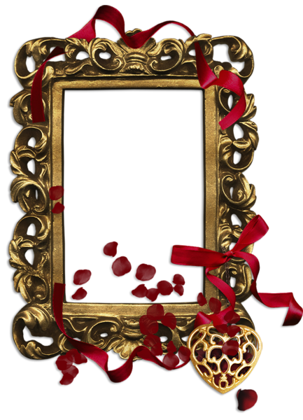 This png image - Gold Classic Transparent PNG Frame with Red Ribbon and Heart, is available for free download