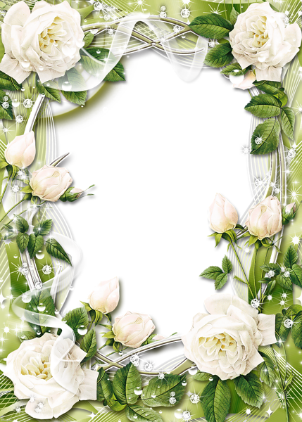 This png image - Green Transparent PNG Photo Frame with White Roses, is available for free download