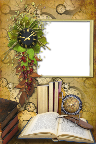 This png image - Photo PNG Frame with Books and Clock, is available for free download