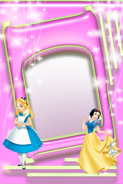 This png image - Pink Kids Transparent Photo Frame with Alice and Snow White, is available for free download