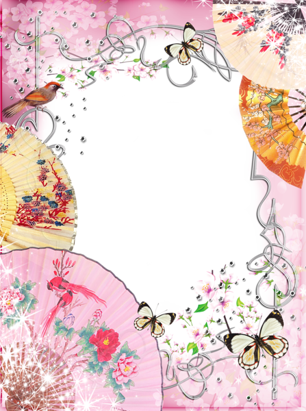 This png image - Pink Transparent Frame with Fans and butterflies, is available for free download