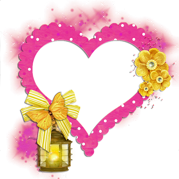 This png image - Transparent Frame Pink Heart with Yellow Butterfly Flowers and Lamp, is available for free download
