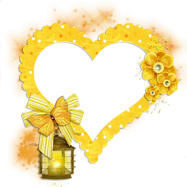 This png image - Transparent Frame Yellow Heart with Butterfly Flowers and Lamp, is available for free download