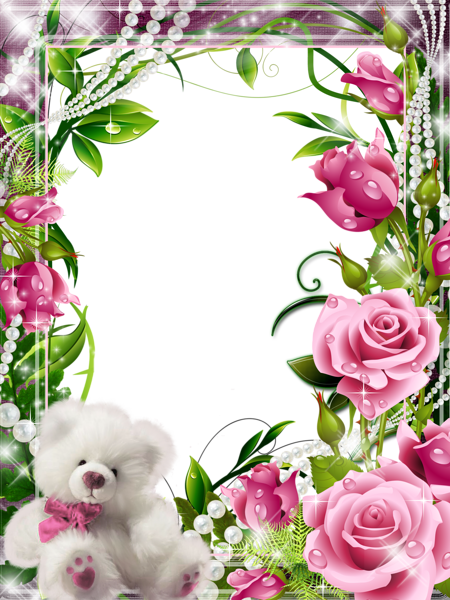This png image - Transparent Frame with Pink Roses and White Teddy, is available for free download