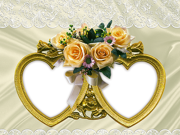 This png image - Transparent Frame with Two Hearts and Bouquet of Yellow Roses, is available for free download