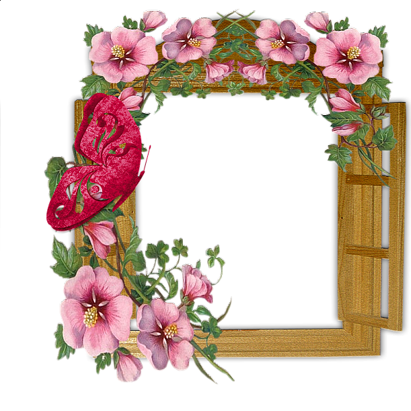 This png image - Wooden Winow with Flowers and Butterfly Transparent Frame, is available for free download