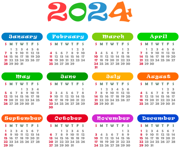 This png image - 2024 US Colorful Calendar Transparent PNG Image, is available for free download