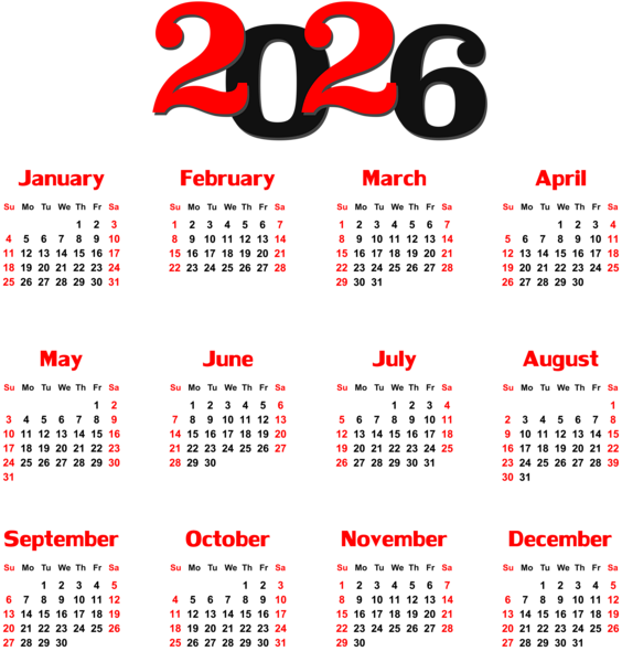 This png image - 2026 Calendar Black Transparent PNG Clip Art, is available for free download