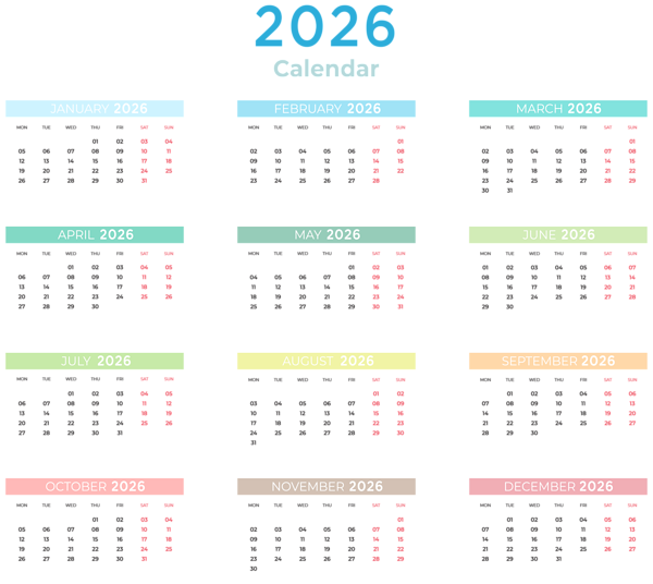 This png image - 2026 Calendar with Colors Transparent Clipart, is available for free download