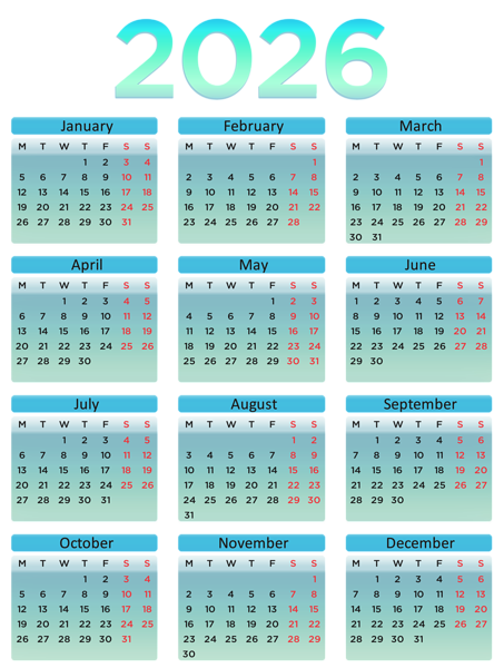 This png image - 2026 EU Calendar Turquoise Transparent PNG Clipart, is available for free download