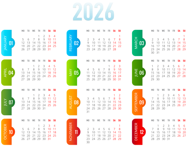 This png image - 2026 EU Colorful Transparent Calendar PNG Image, is available for free download