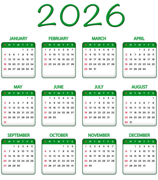This png image - 2026 Green Calendar Transparent Image PNG, is available for free download