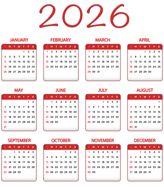 This png image - 2026 Red Calendar Transparent Image PNG, is available for free download