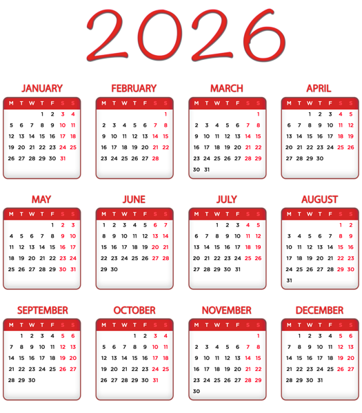 This png image - 2026 Red EU Calendar Transparent Image PNG, is available for free download