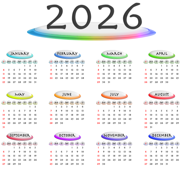 This png image - 2026 Transparent Retro Colors US Calendar, is available for free download