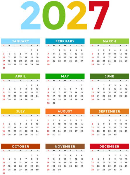 This png image - 2027 Calendar Colorful Transparent Image, is available for free download