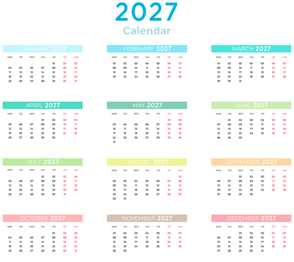 This png image - 2027 Calendar with Colors Transparent Clipart, is available for free download