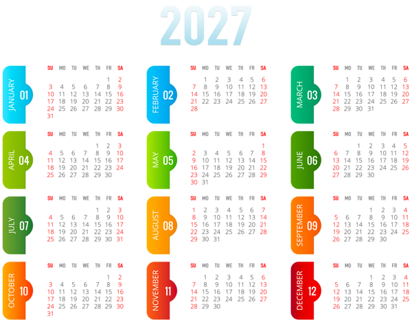 This png image - 2027 Colorful Transparent Calendar PNG Image, is available for free download