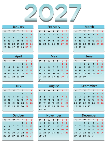This png image - 2027 EU Calendar Light Blue Transparent PNG Clipart, is available for free download
