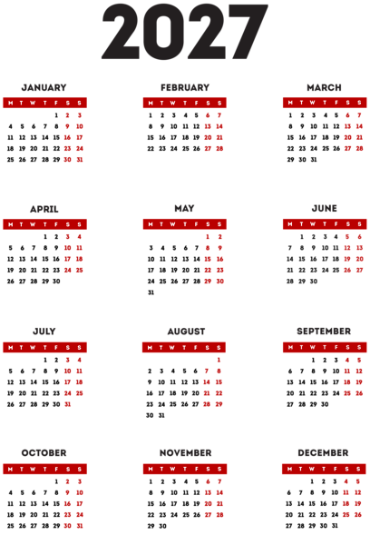 This png image - 2027 EU Calendar Transparent Red Black PNG Clipart, is available for free download