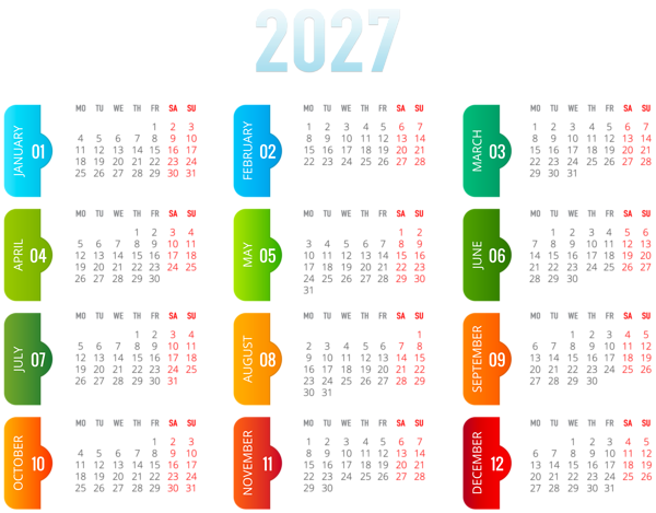 This png image - 2027 EU Colorful Transparent Calendar PNG Image, is available for free download