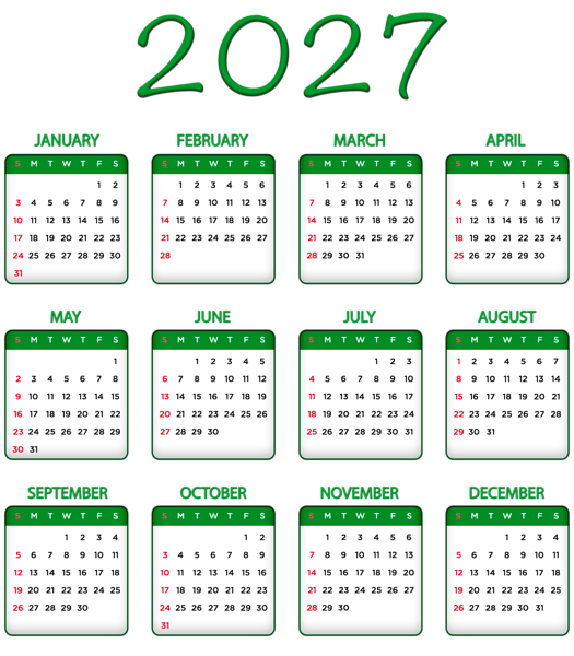 This png image - 2027 Green Calendar Transparent Image PNG, is available for free download