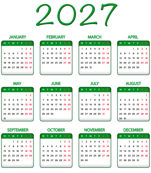 This png image - 2027 Green EU Calendar Transparent Image PNG, is available for free download