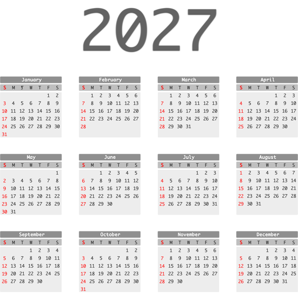 This png image - 2027 PNG US Calendar, is available for free download