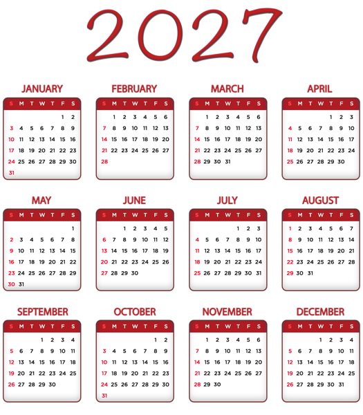This png image - 2027 Red Calendar Transparent Image PNG, is available for free download