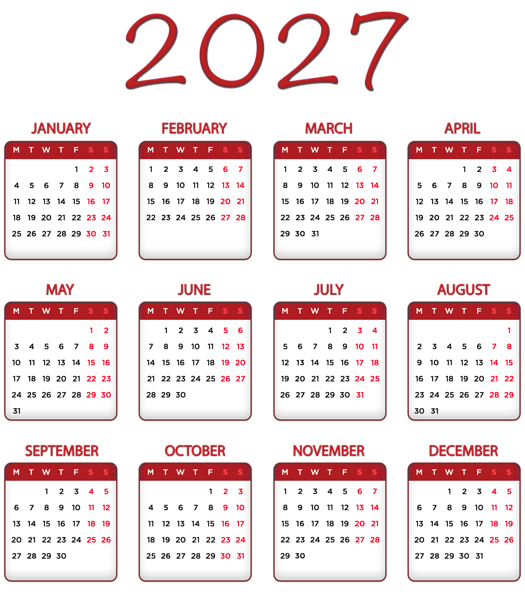 This png image - 2027 Red EU Calendar Transparent Image PNG, is available for free download