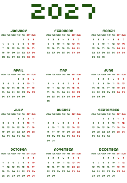 This png image - 2027 Transparent Calendar Green, is available for free download
