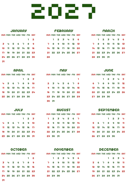 This png image - 2027 Transparent Calendar Green US, is available for free download