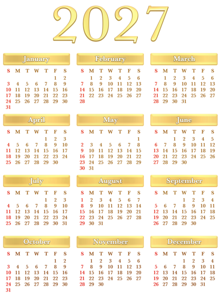 This png image - 2027 US Calendar Gold Transparent PNG Clipart, is available for free download