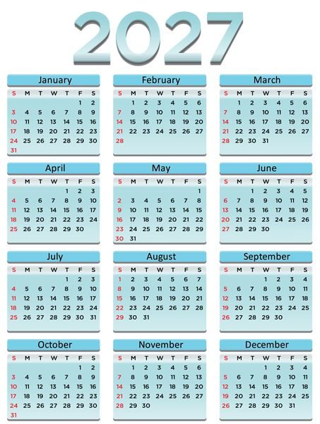 This png image - 2027 US Calendar Light Blue Transparent PNG Clipart, is available for free download