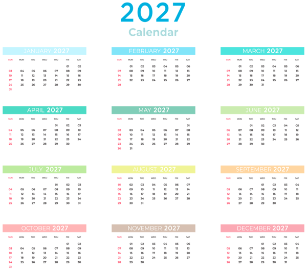 This png image - 2027 US Calendar with Colors Transparent Clipart, is available for free download