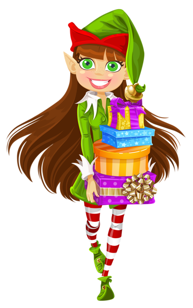 Christmas Girl Elf with Gifts PNG Picture