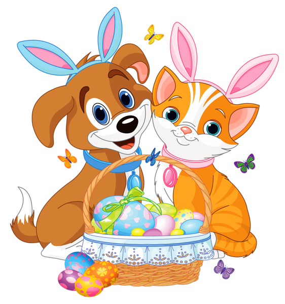 This png image - Cute Puppy and Kitten with Easter Bunny Ears and Basket, is available for free download
