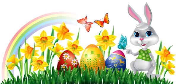 This png image - Easter Bunny with Daffodils Eggs and Grass Decor PNG Clipart Picture, is available for free download