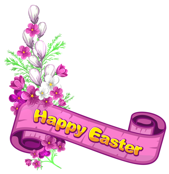 This png image - Pink Happy Easter Banner and Flowers, is available for free download