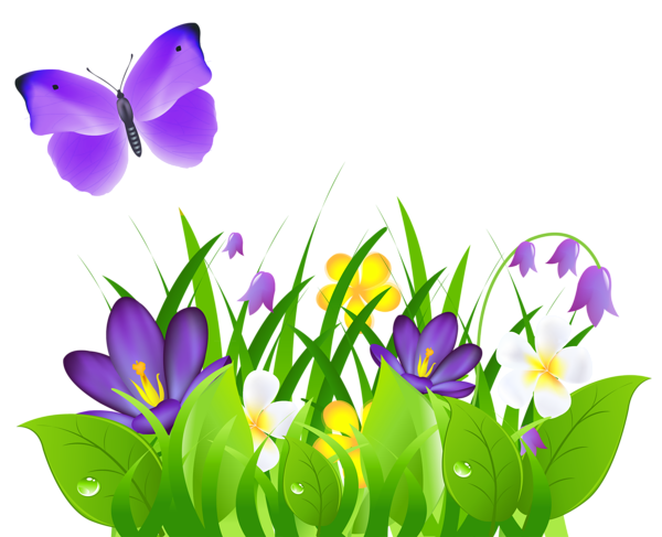 This png image - Purple Flowers Grass and Butterfly PNG Clipart Picture, is available for free download