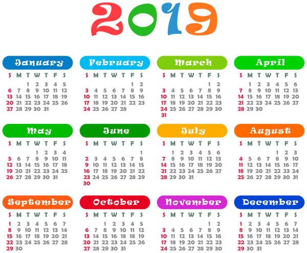 This png image - 2019 Colorful Calendar Transparent PNG Image, is available for free download